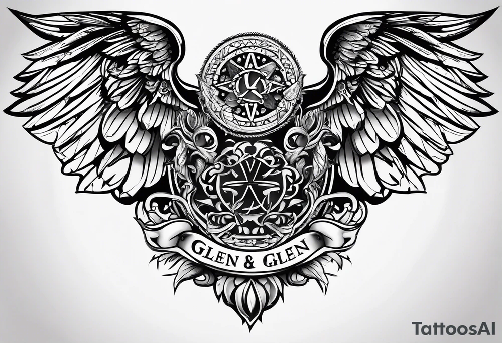 Simple tattoo with the word Glenn on a banner and angel wings tattoo idea