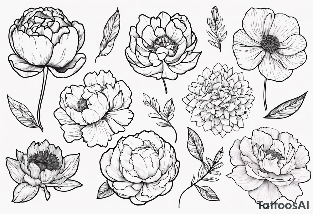 cohesive tattoo design with 8 flowers: peony, carnation, daffodil, daphne, dahlia, desiree, daisy and rose and label the flower name tattoo idea