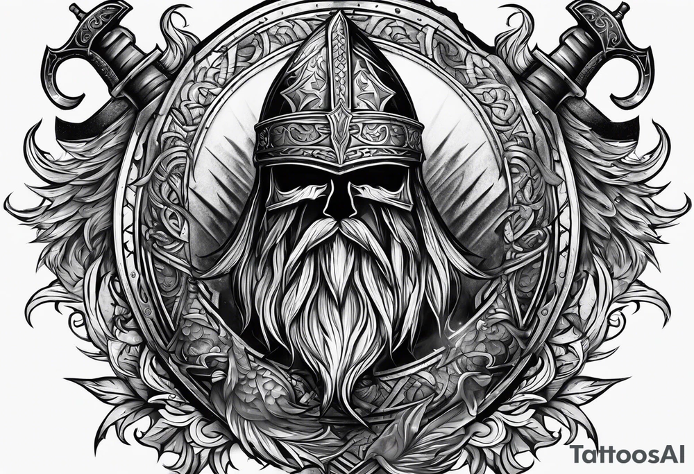 Valhalla sword shield axe mist fog tattoo idea