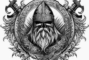 Valhalla sword shield axe mist fog tattoo idea