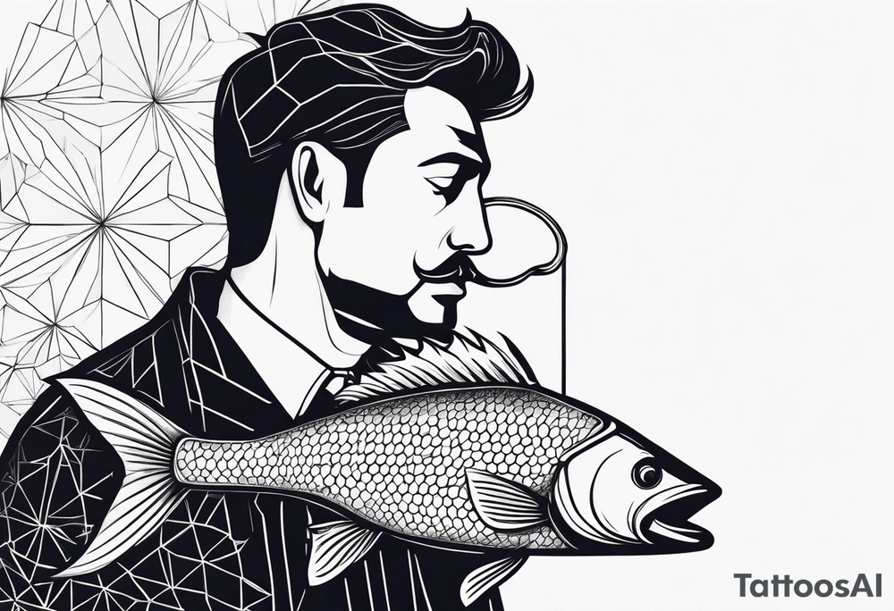 A Fish eating a small silhouette of a man on a hook tattoo idea