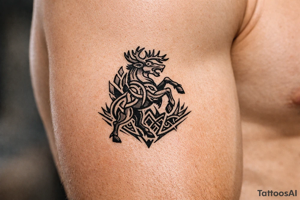 Caribou in Norse knot work open line concept mammen style stipple shading with animal on rear legs tattoo idea