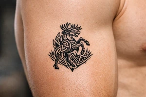 Caribou in Norse knot work open line concept mammen style stipple shading with animal on rear legs tattoo idea