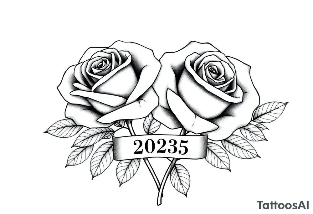 two beautiful large rose buds, one larger than the other, with lots and lots of leaves next to the rose buds, with one sitting slightly higher than the other, side-by-side.  Include a banner connecting the two roses with the year 2025 on it.   Use dark outlines with little shading. No stems tattoo idea