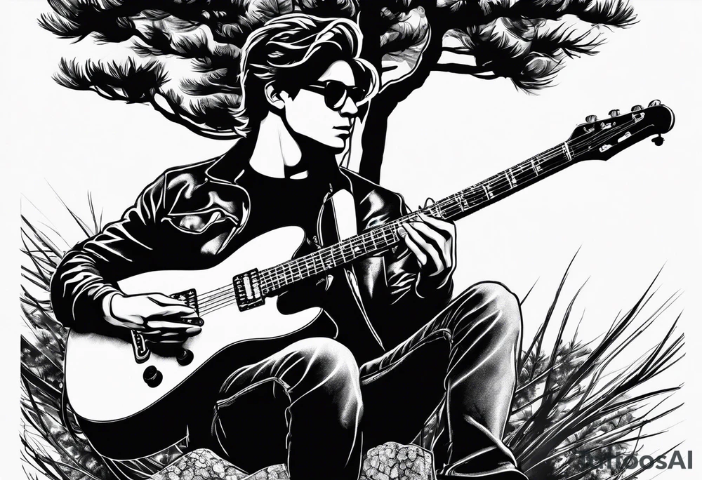 silhouette of a man sitting in a pine tree playing electric guitar tattoo idea