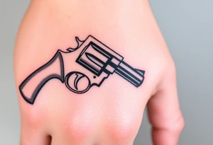 Actual size Revolver .45 caliber elegant but simple art work on gun. With barrel being pointer finger and but of gun near wrist. tattoo idea