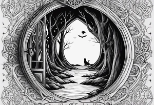 Lord of the rings and Harry Potter movie mashup. Small and simple. Not too much artistic detail. Hobbit door hole, wands, elvish writing, deathly hallows tattoo idea