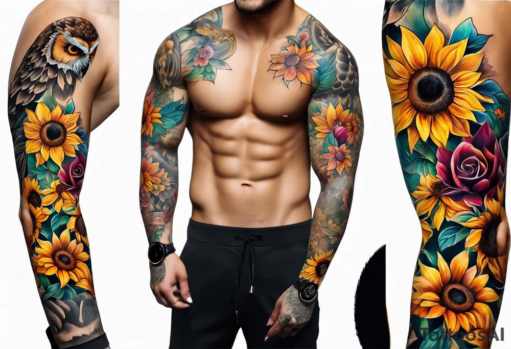 Arm sleeve with colorful sunflowers and an owl tattoo idea