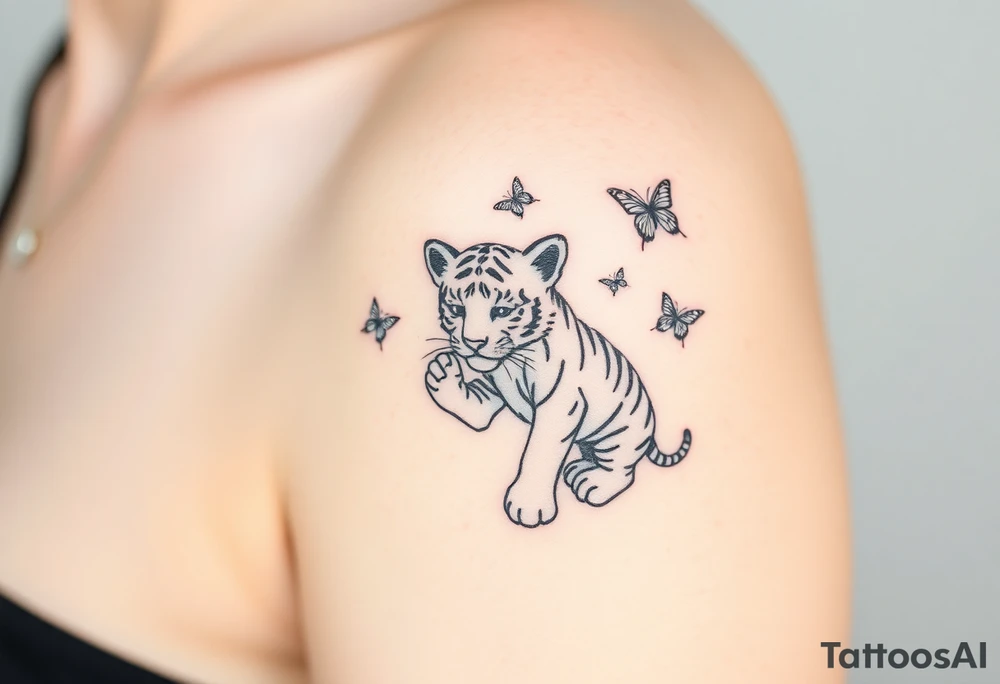 Tiger cub playing with butterflies tattoo idea