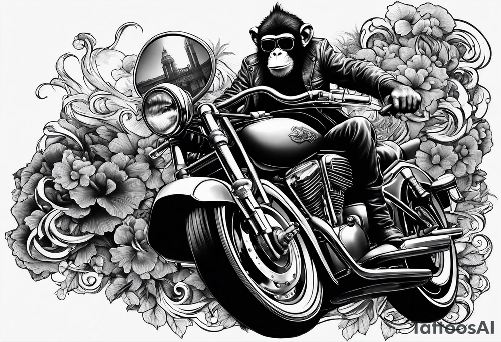 Monkey riding a chopper motorcycle with sunglasses on, a cigarette hanging out of his mouth tattoo idea