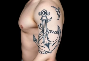 weathered anchor wrapped in nautical rope with sea waves tattoo idea