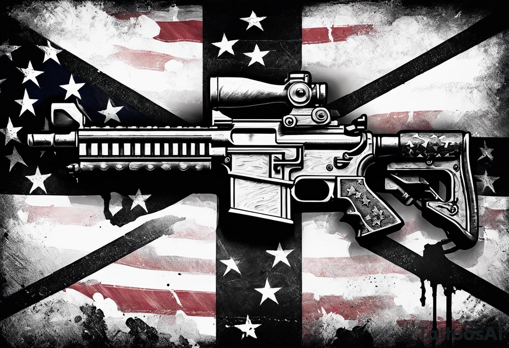 Distressed American flag behind a cross with 2 guns leaned on it simpler tattoo idea