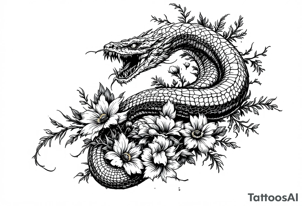 scary snakes with flowers tattoo idea