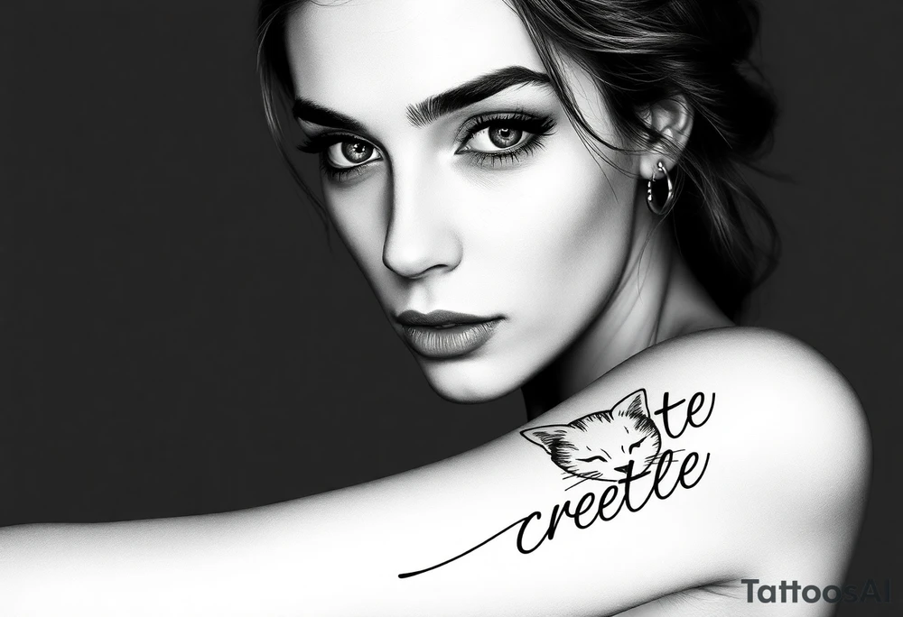 woman’s face with lettering and cat tattoo idea
