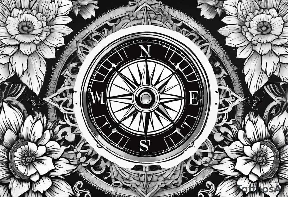 A Vintage compass with gears and marigold flower behind it. tattoo idea