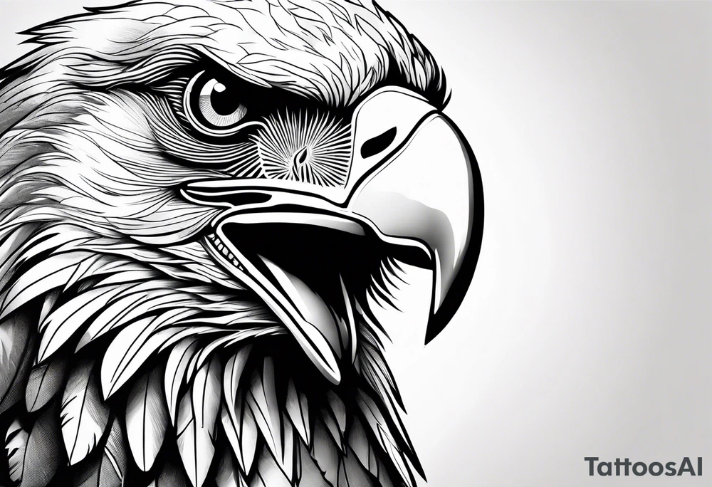 powerful eagle head on thigh with female face below tattoo idea