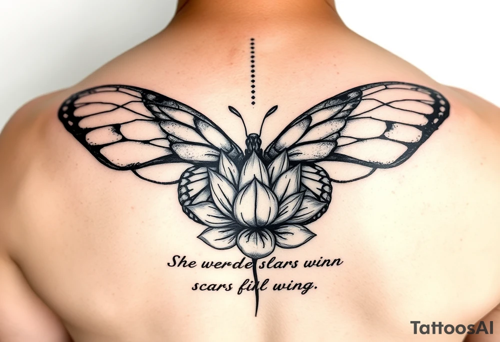 butterfly with cracked wings and lotus flower with quote that says “she wore her scars like wings” all down spine but very elegant tattoo idea