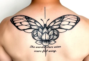 butterfly with cracked wings and lotus flower with quote that says “she wore her scars like wings” all down spine but very elegant tattoo idea