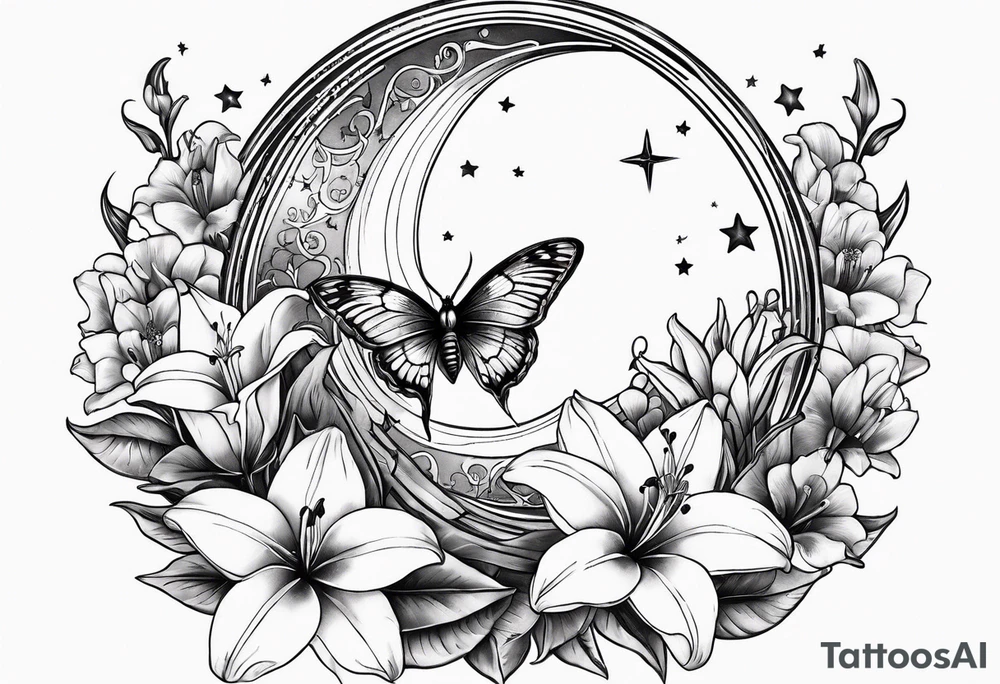Small moon and stars with a moth and lily flowers tattoo idea