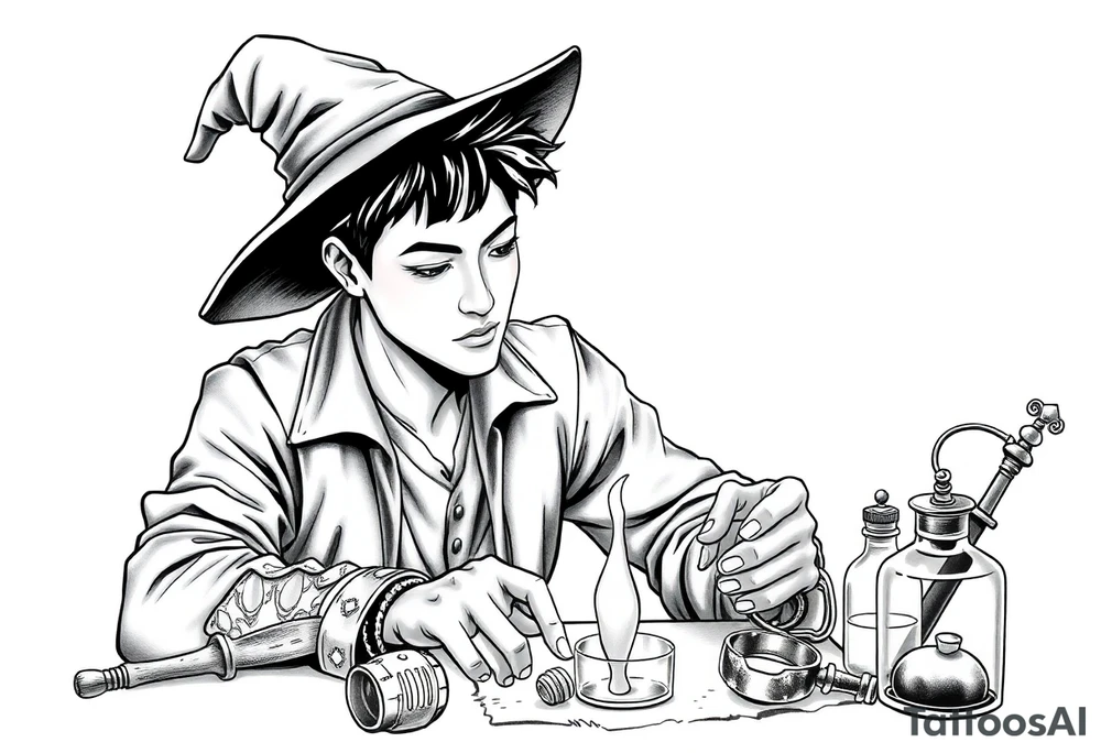 Handsome Asian young adult guy is  accidentally stumbled upon witch tools, supplies, artifacts, potions and exploring it curiously tattoo idea