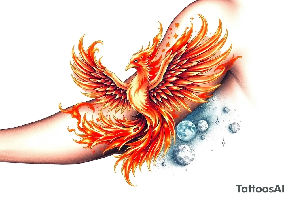 Powerful Phoenix feminine energy flames from within at night with stars planets and nebula tattoo idea