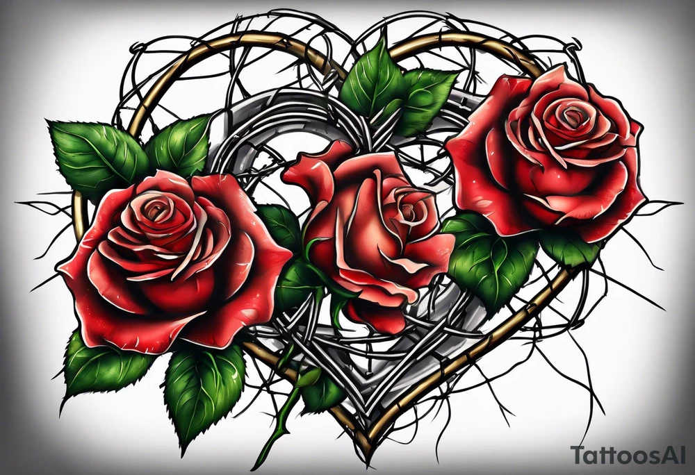 Two roses with barbed wire wrapped around them and a broken heart tattoo idea