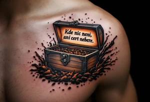 "Kde nic neni, ani cert nebere." — An empty treasure chest surrounded by scorched earth in black and rust tones, the quote carved into its lid. tattoo idea