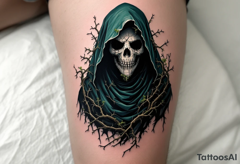 Plague Doctor with Thorned Vines – A mysterious plague doctor with tipical mask cloaked in dark green and black, with thorny vines creeping over the robe and mask, symbolizing death and rebirth. The mask is cracked, with moss growing in its crevices. tattoo idea
