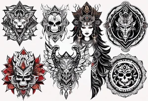 kali ma, alien goddess, valkrye, aries, cosmic pirate, divine feminine, zenza resonance, pachamama, lotus azul, blank panther, eagle, skull, 5D, nueva gaya, dna 12, left side chest tatoo tattoo idea