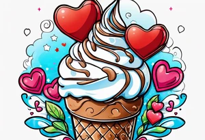 sketch chocolate chip ice cream cone with one red heart tattoo idea