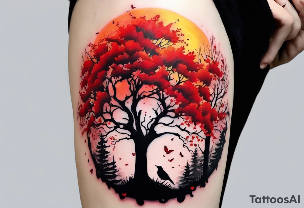 trash polka style. Arm tattoo. chest tattoo. Long tattoo. large tattoo. Full sleeve. Shoulder. A single large maple tree with red autumn leaves that branches upwards from wrist to shoulder. White-throated dipper bird on the trees branches. Calluna flowers at the base of the trees stem. Red/yellow sunset behind the trees stem. Leaves falling. tattoo idea