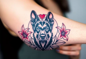 strong looking short haired german shepherd with alert ears surrounded by pink lilies with large leaves in front of a sacred heart tattoo idea