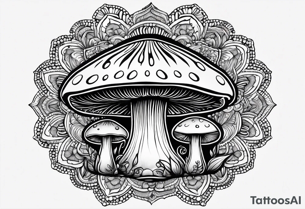 Large Shaggy cap mushroom dripping ink off cap with 4 smaller mushrooms around it mandala henna black tattoo design tattoo idea