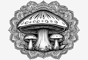Large Shaggy cap mushroom dripping ink off cap with 4 smaller mushrooms around it mandala henna black tattoo design tattoo idea