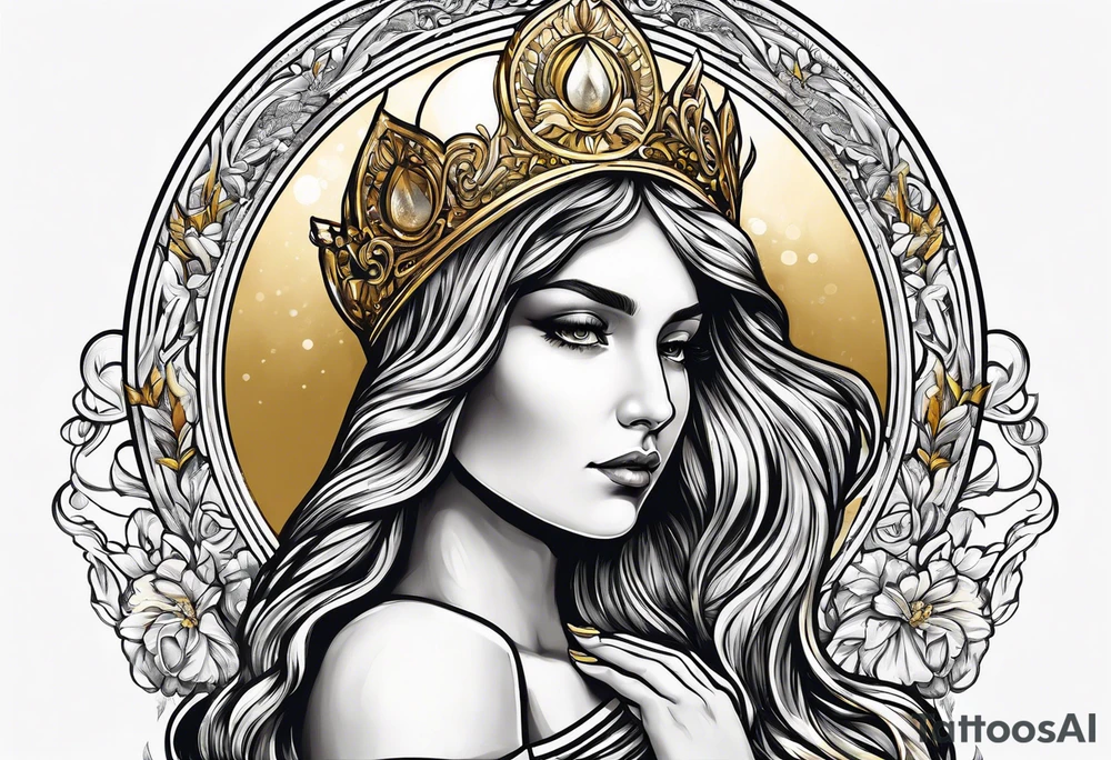 holy saint woman turned away with golden halo holding a chalice tattoo idea