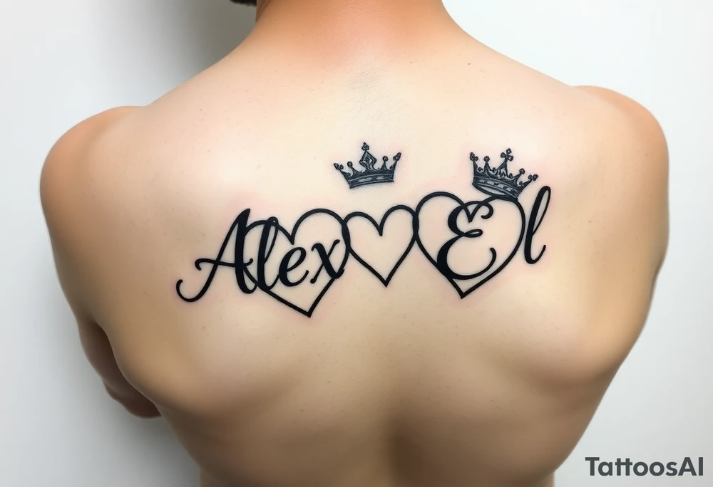 the name Alex and El in two hearts with crown tattoo idea