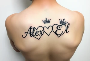 the name Alex and El in two hearts with crown tattoo idea