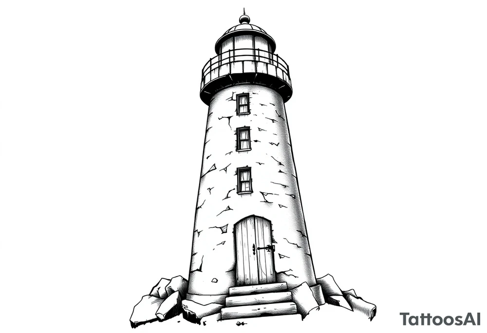 Lighthouse with rays of light with a few windows and an old door tattoo idea