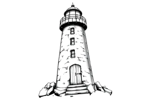 Lighthouse with rays of light with a few windows and an old door tattoo idea