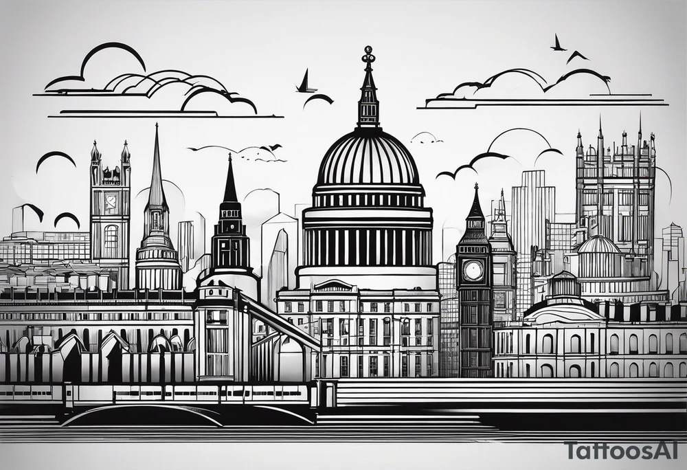 A minimalistic, abstract design capturing the architectural essence and vibe of London. Key elements of London’s skyline and structure are hinted at with clean lines, and subtle detailing includes personal touches, like a nod to Feid’s signature look (hat, glasses, mustache), integrated discreetly to honor a memorable concert experience. tattoo idea
