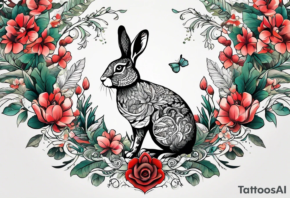 Base Design: upper armband

Include:
LOVE
fern spirals
boxing hare

use only UK flora and fauna tattoo idea