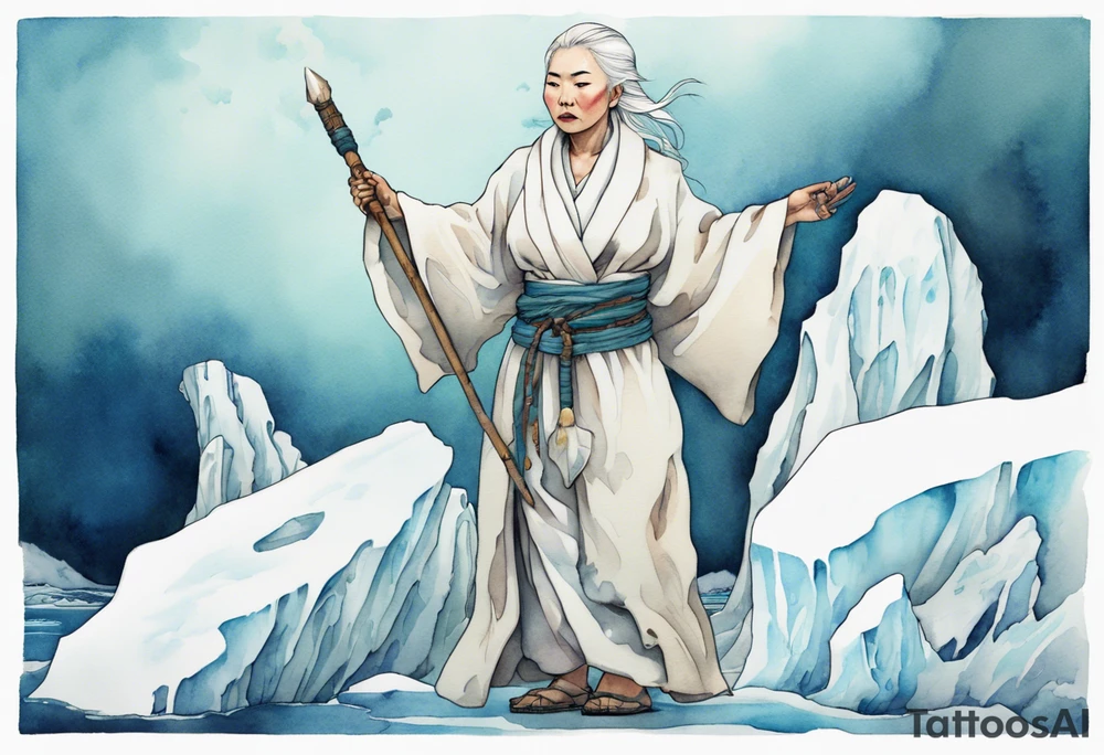 a 40 year old Inuit woman with white hair and a white robe holding a white staff, standing on an iceberg tattoo idea