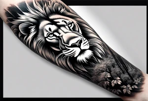 realistic 
black and gray forearm sleeve tattoo where a lion is entering a forest and turning his head back tattoo idea