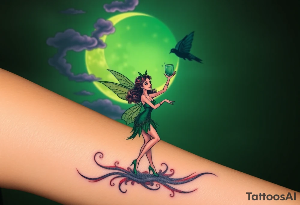 Tim Burton’s pin up style Vintage Parisian elegant and beautiful yet eerie full body absinthe Green Fairy dances outside her victorian crystal decatur absinthe bottle Absinthe Art Nouveau   and dripping with muted reds, dusty pinks, and eerie green glow.purple and cyan smokey clouds swirl in the crescent moonlit sky thats sprinkled with stars tattoo idea