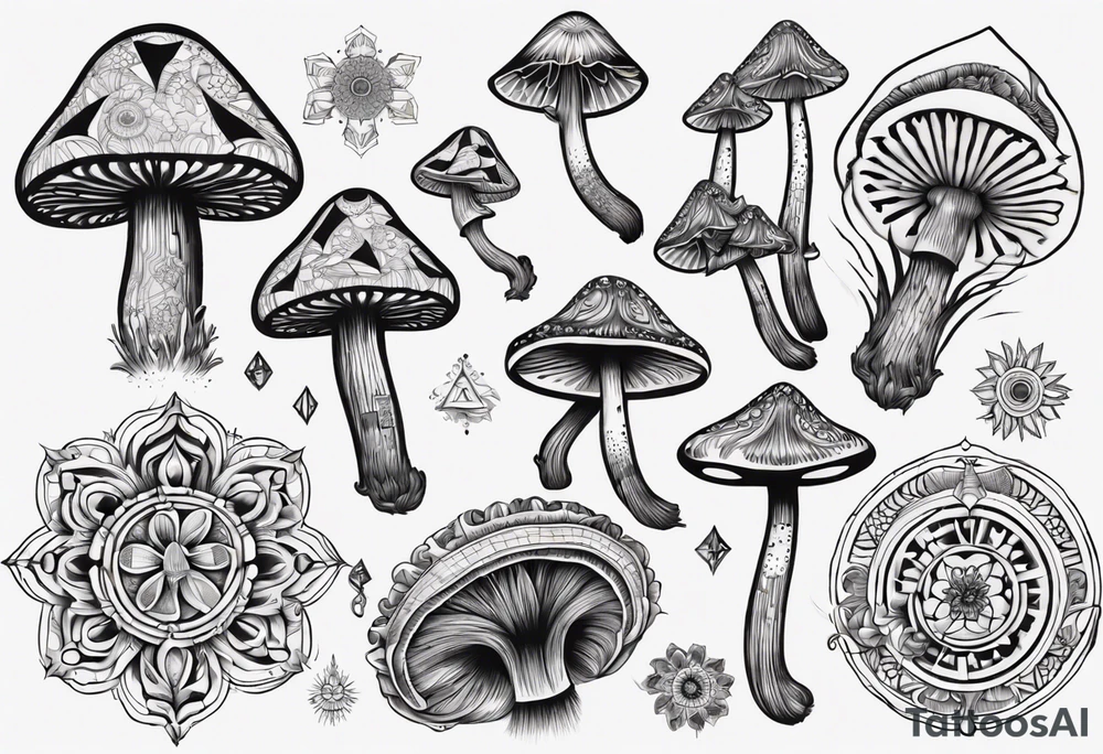 mushrooms out of book, psychedelic, mandala tattoo idea