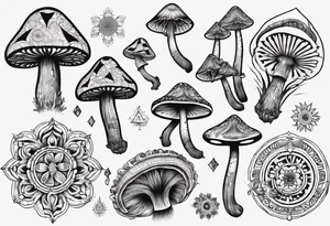 mushrooms out of book, psychedelic, mandala tattoo idea