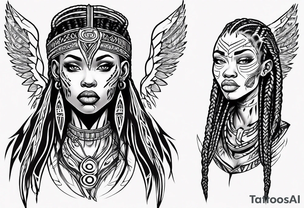 African female Viking  angel full body 
slim long face small mouth long braided hair tattoo idea