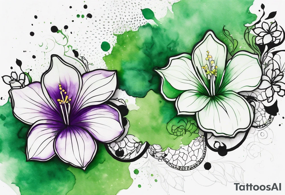 An outline of a green rio dipladenia flower and a green and purple watercolor splash in the background tattoo idea