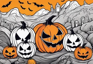 evil jack-o-lanterns on human heads with bats in caves and penny wise in the background cemetary payground tattoo idea