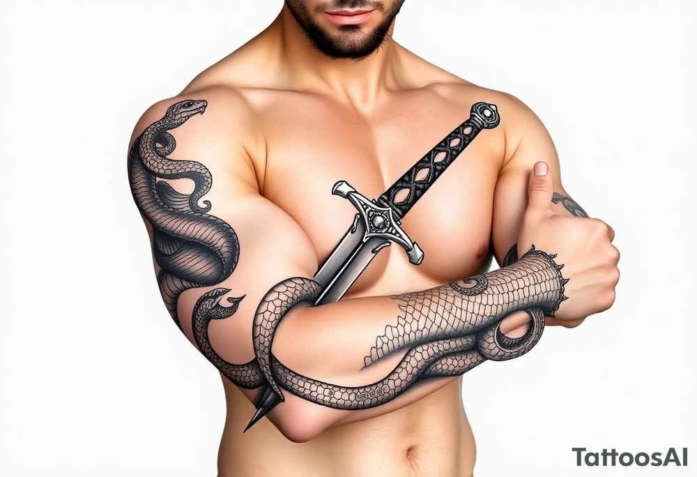 mystical snake coiled around an ancient dagger with jeweled hilt tattoo idea